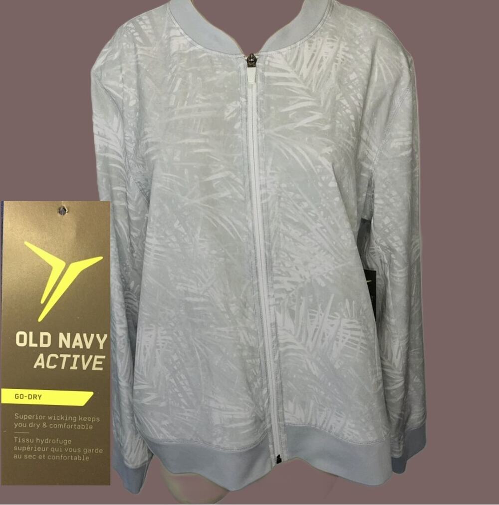 NWT Old Navy Active Bomber Jacket Gray White Palm Print Full Zip Jacket - Large